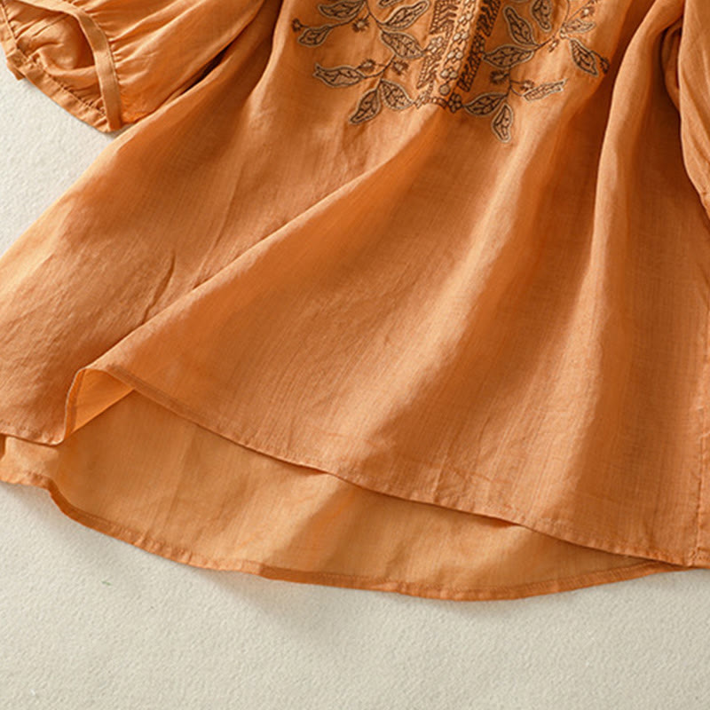 T-shirt décontracté à manches mi-longues en coton et lin pour femme, avec dentelle brodée et Buddha Stones - image 6