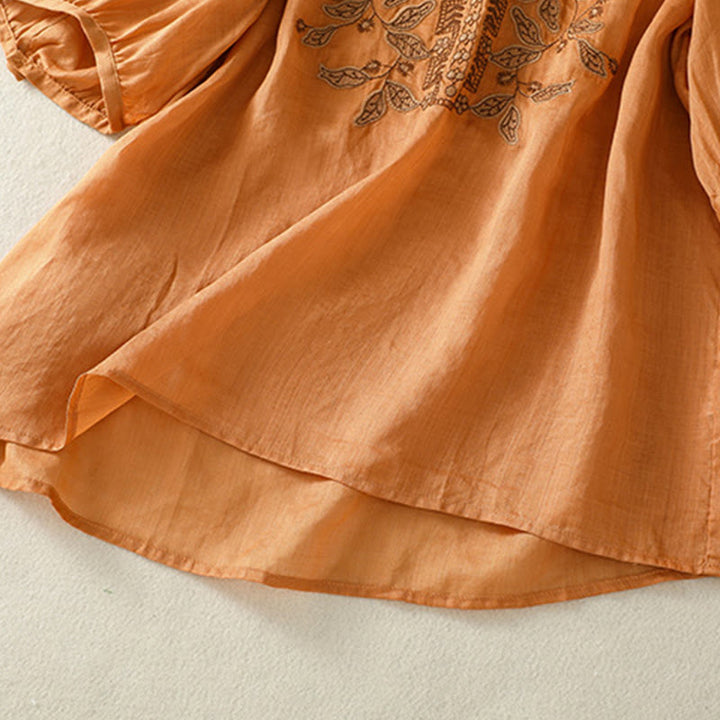 T-shirt décontracté à manches mi-longues en coton et lin pour femme, avec dentelle brodée et Buddha Stones - image 6