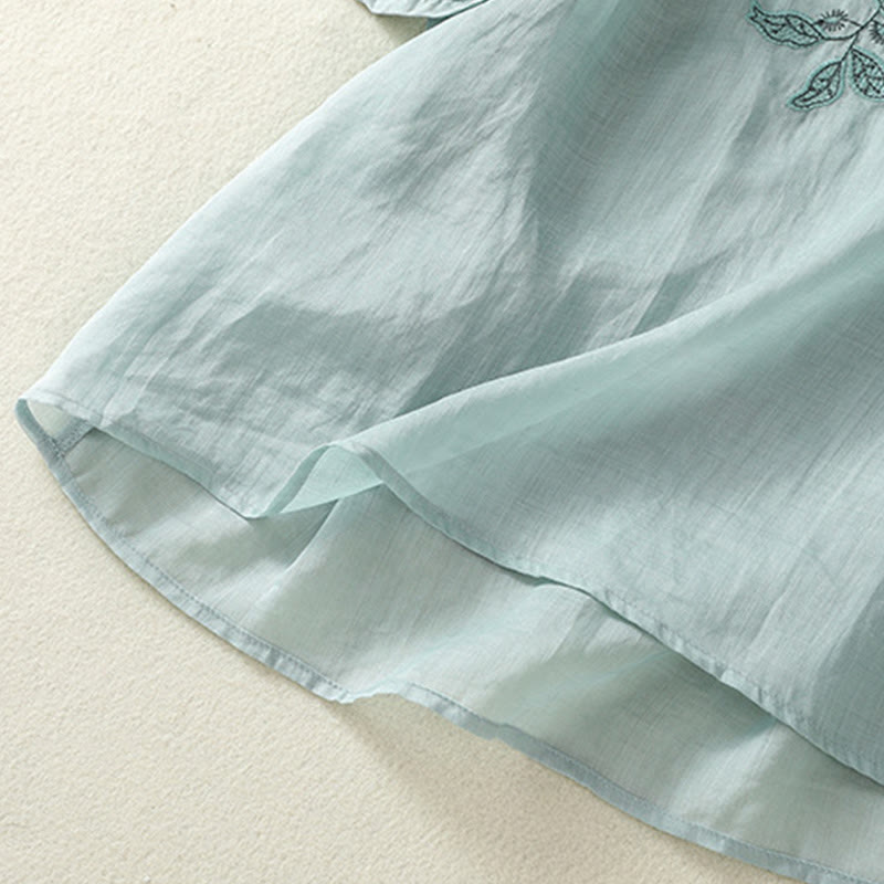 T-shirt décontracté à manches mi-longues en coton et lin pour femme, avec dentelle brodée et Buddha Stones - image 15