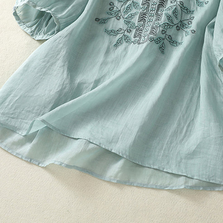 T-shirt décontracté à manches mi-longues en coton et lin pour femme, avec dentelle brodée et Buddha Stones - image 17