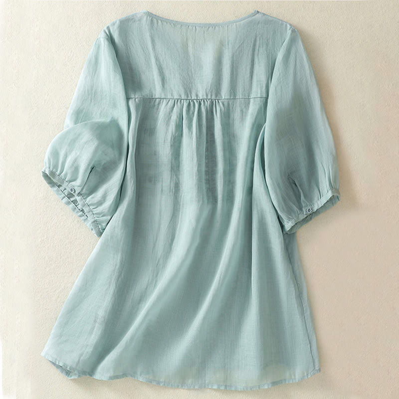 T-shirt décontracté à manches mi-longues en coton et lin pour femme, avec dentelle brodée et Buddha Stones - image 11