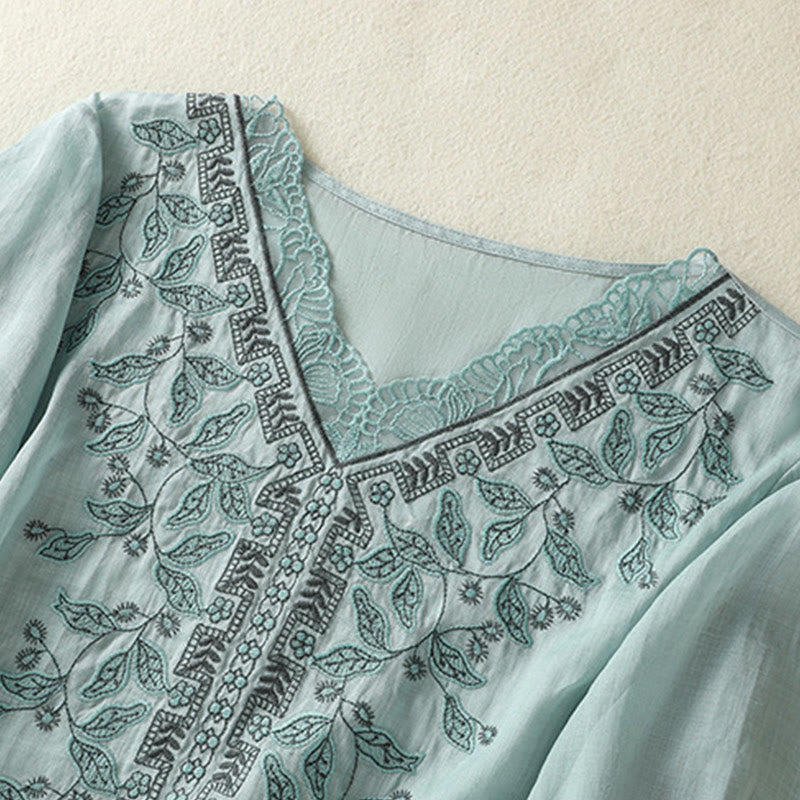 T-shirt décontracté à manches mi-longues en coton et lin pour femme, avec dentelle brodée et Buddha Stones - image 14