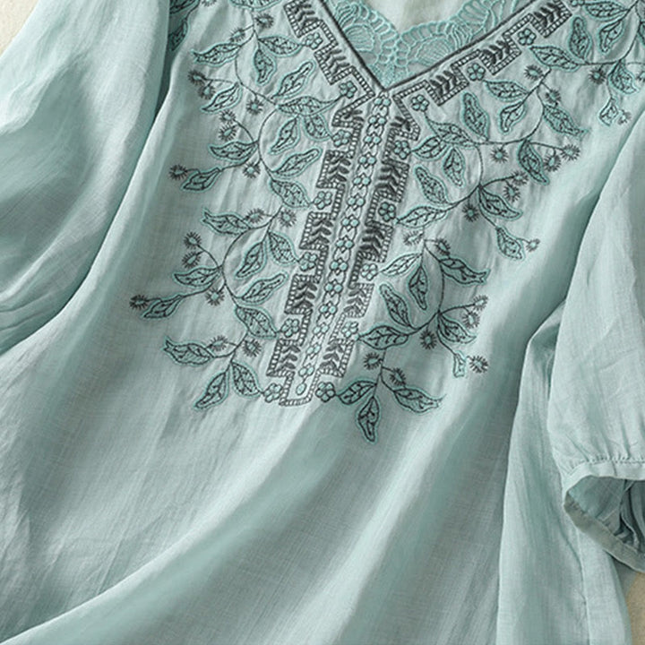 T-shirt décontracté à manches mi-longues en coton et lin pour femme, avec dentelle brodée et Buddha Stones - image 16