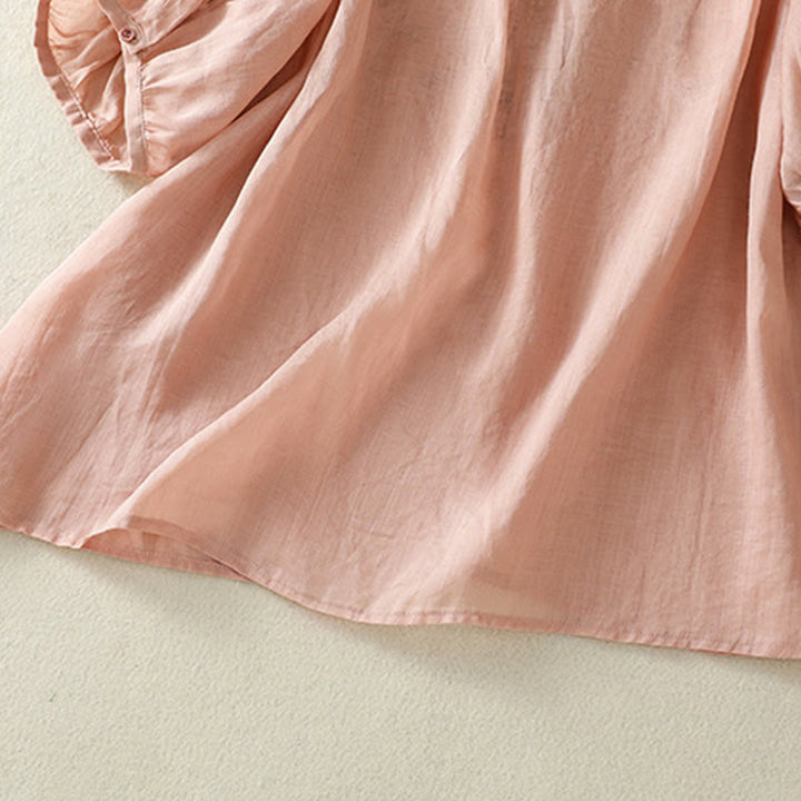 T-shirt décontracté à manches mi-longues en coton et lin pour femme, avec dentelle brodée et Buddha Stones - image 22