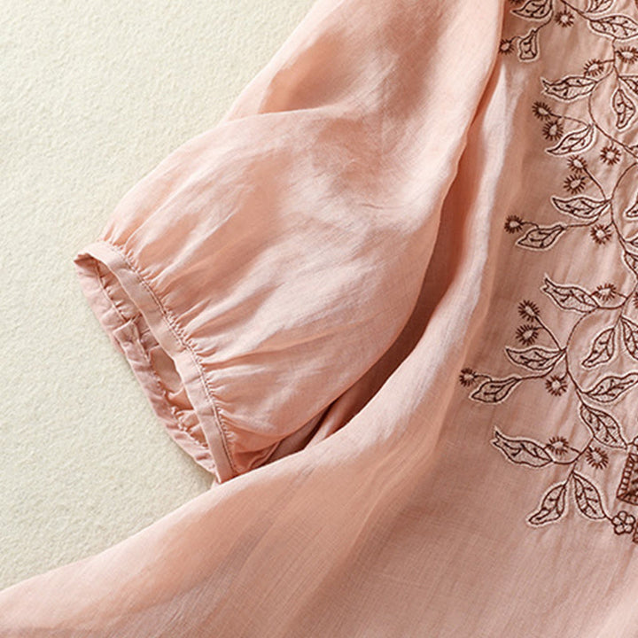 T-shirt décontracté à manches mi-longues en coton et lin pour femme, avec dentelle brodée et Buddha Stones - image 28