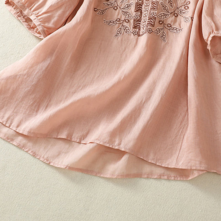 T-shirt décontracté à manches mi-longues en coton et lin pour femme, avec dentelle brodée et Buddha Stones - image 26