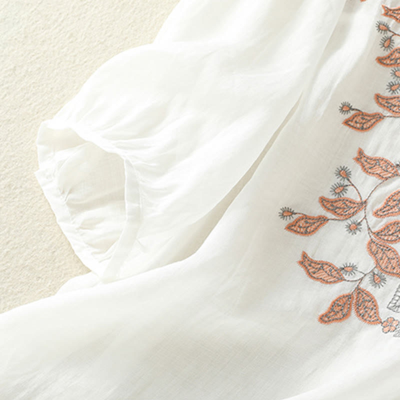 T-shirt décontracté à manches mi-longues en coton et lin pour femme, avec dentelle brodée et Buddha Stones - image 34