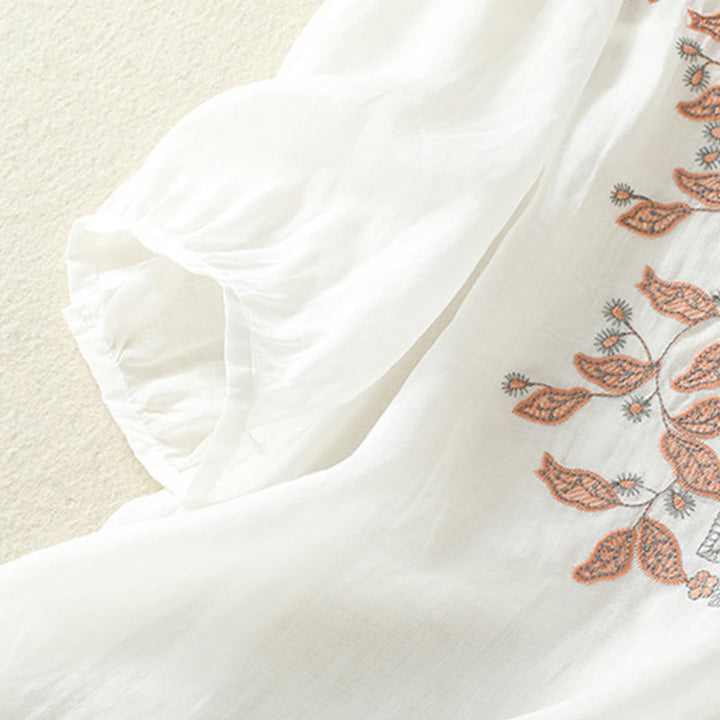 T-shirt décontracté à manches mi-longues en coton et lin pour femme, avec dentelle brodée et Buddha Stones - image 34