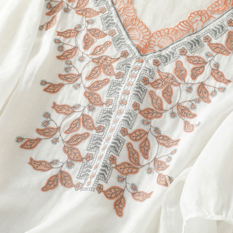 T-shirt décontracté à manches mi-longues en coton et lin pour femme, avec dentelle brodée et Buddha Stones - image 35