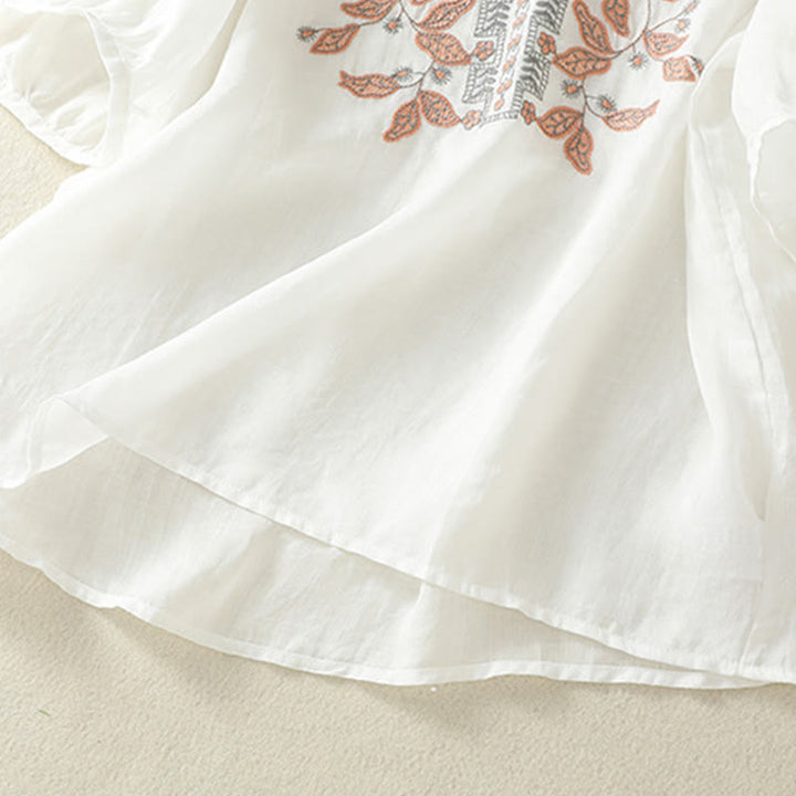 T-shirt décontracté à manches mi-longues en coton et lin pour femme, avec dentelle brodée et Buddha Stones - image 33