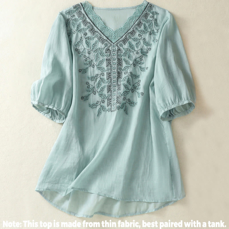 T-shirt décontracté à manches mi-longues en coton et lin pour femme, avec dentelle brodée et Buddha Stones - image 10