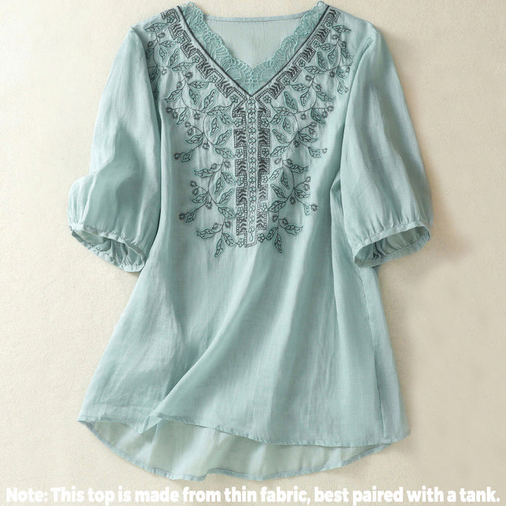 T-shirt décontracté à manches mi-longues en coton et lin pour femme, avec dentelle brodée et Buddha Stones - image 10