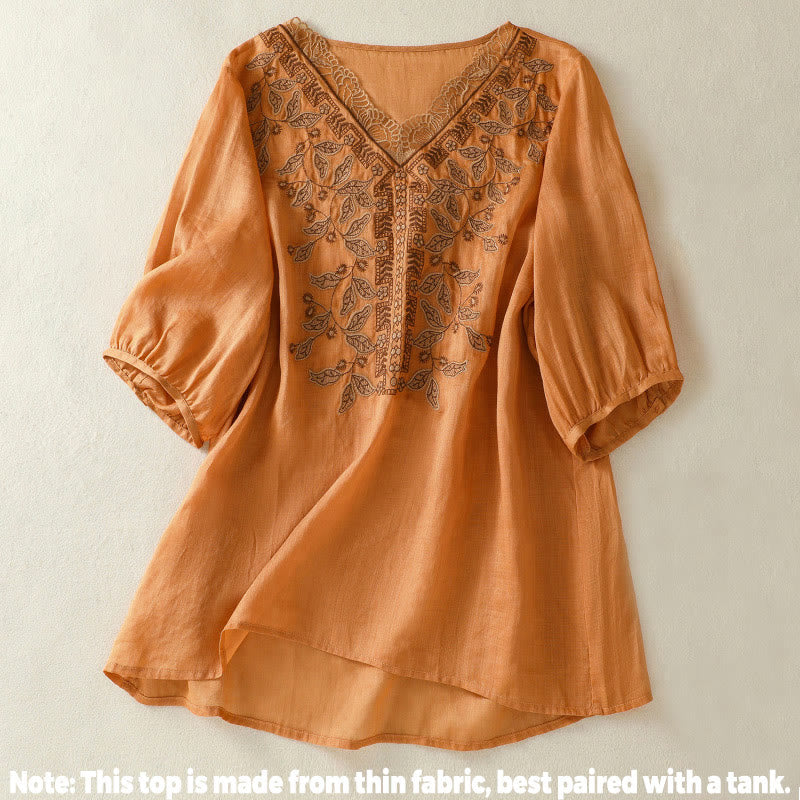 T-shirt décontracté à manches mi-longues en coton et lin pour femme, avec dentelle brodée et Buddha Stones - image 2