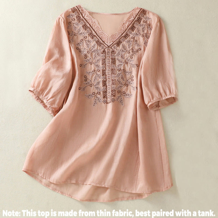 T-shirt décontracté à manches mi-longues en coton et lin pour femme, avec dentelle brodée et Buddha Stones - image 21