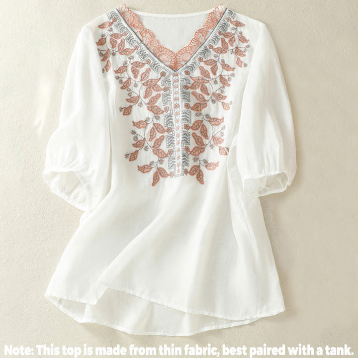 T-shirt décontracté à manches mi-longues en coton et lin pour femme, avec dentelle brodée et Buddha Stones - image 31