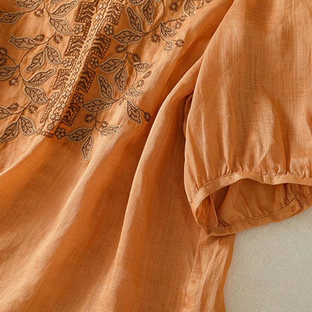 T-shirt décontracté à manches mi-longues en coton et lin pour femme, avec dentelle brodée et Buddha Stones - image 4