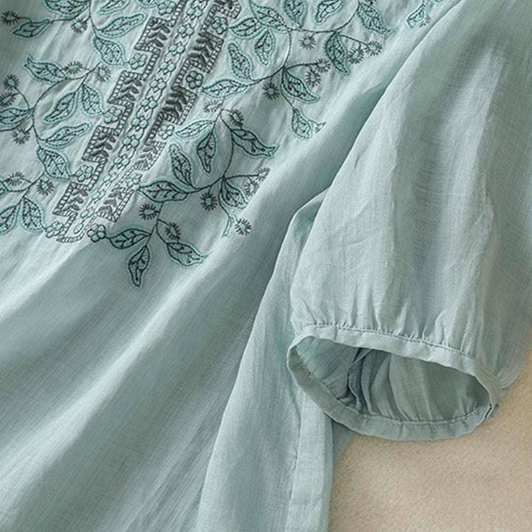 T-shirt décontracté à manches mi-longues en coton et lin pour femme, avec dentelle brodée et Buddha Stones - image 19