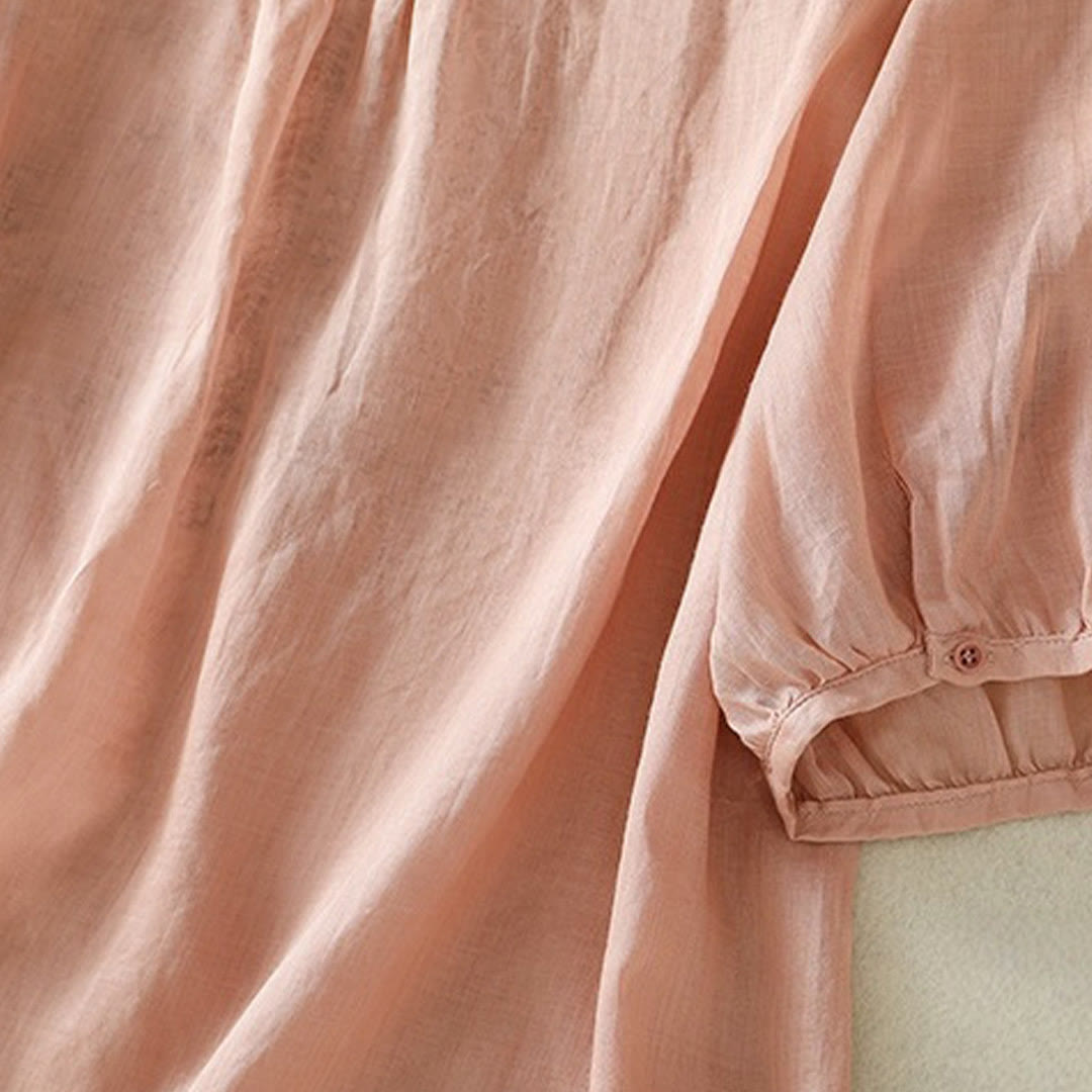 T-shirt décontracté à manches mi-longues en coton et lin pour femme, avec dentelle brodée et Buddha Stones - image 25