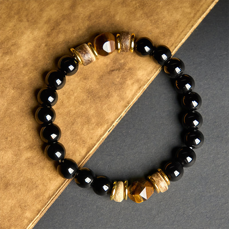 Bracelet de purification en pierre œil de tigre avec perles d'obsidienne noire et Buddha Stones