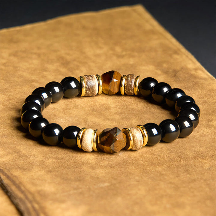 Bracelet de purification en pierre œil de tigre avec perles d'obsidienne noire et Buddha Stones