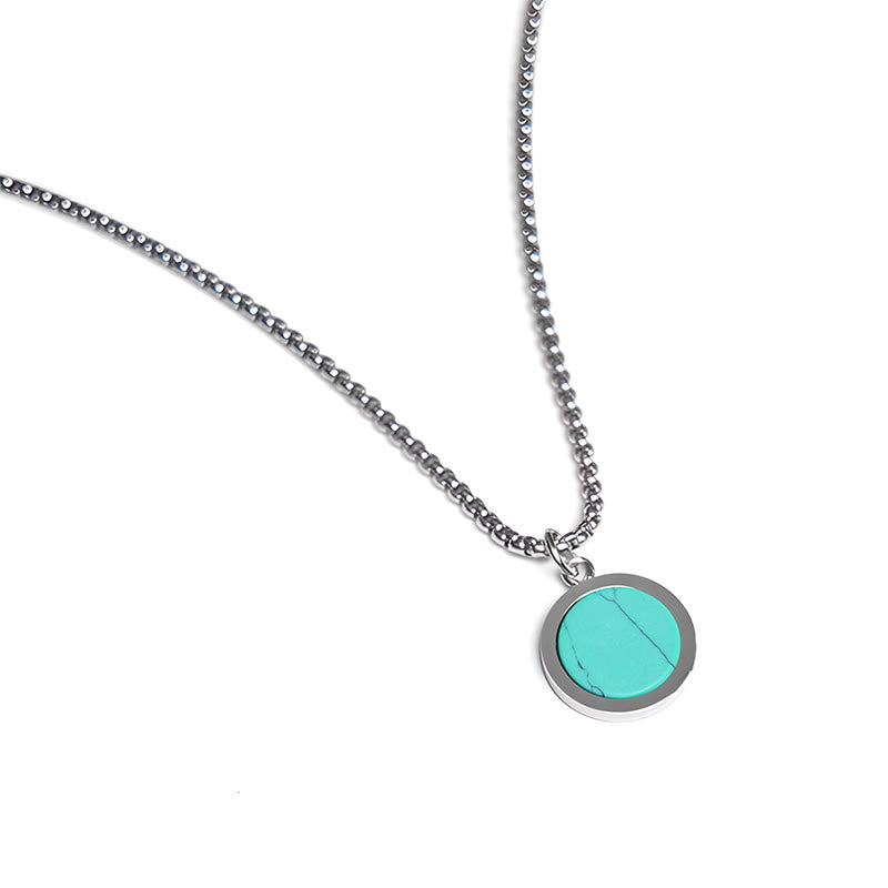 Collier pendentif en acier titane et pierre naturelle de Buddha Stones, turquoise, œil de tigre, lazurite, malachite, purification