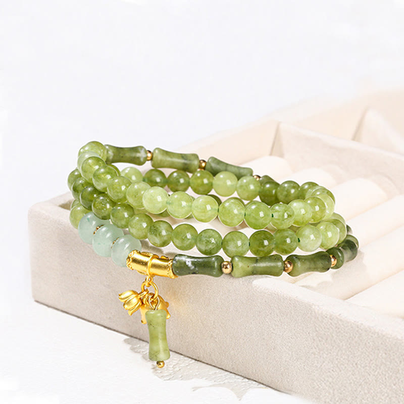 Bracelet de force multicouche rétro en bambou et calcédoine verte avec Buddha Stones - image 10