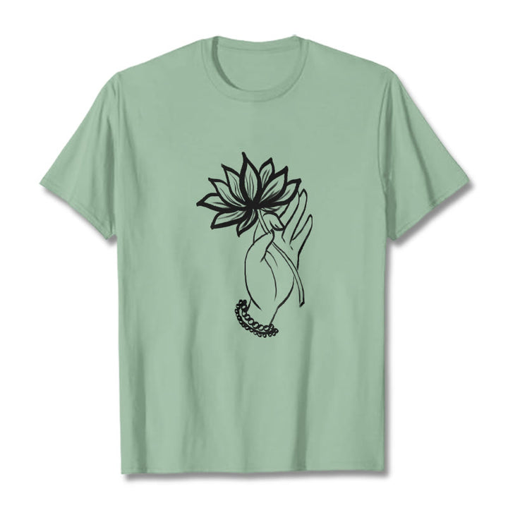 T-shirt décontracté en coton avec motif de fleurs de lotus et de Buddha Stones - Vert pâle - 2XL - image 15