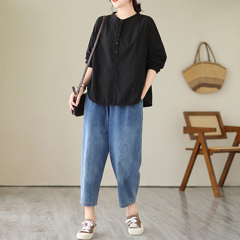 Chemise à manches longues en coton et lin pour femme, motif Buddha Stones, style printemps, simple et uni, avec demi-boutons - image 6