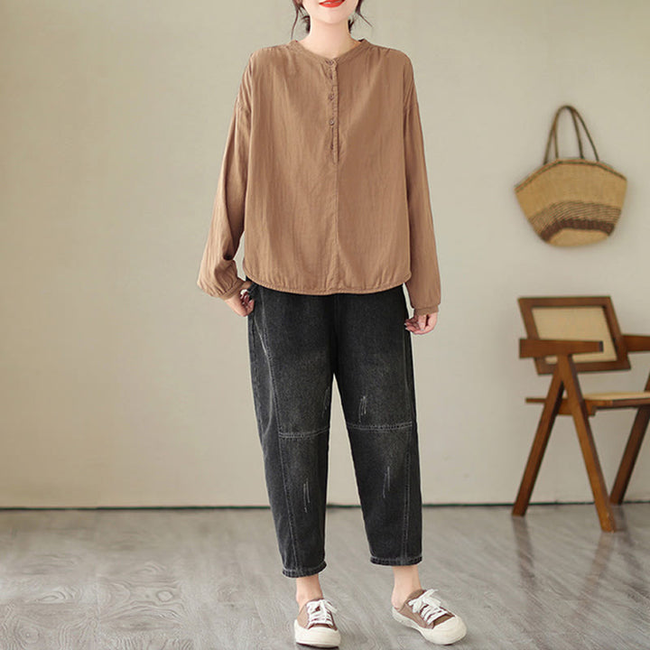 Chemise à manches longues en coton et lin pour femme, motif Buddha Stones, style printemps, simple et uni, avec demi-boutons - image 16