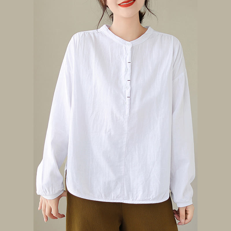 Chemise à manches longues en coton et lin pour femme, motif Buddha Stones, style printemps, simple et uni, avec demi-boutons - image 9