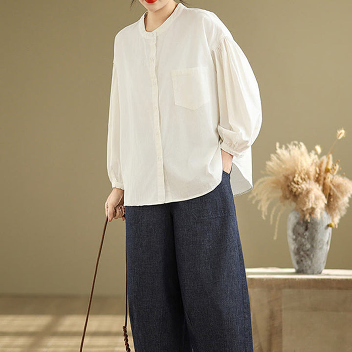 Chemise à manches longues en coton et lin pour femme, motif Buddha Stones, boutons et plis accordéon - image 24