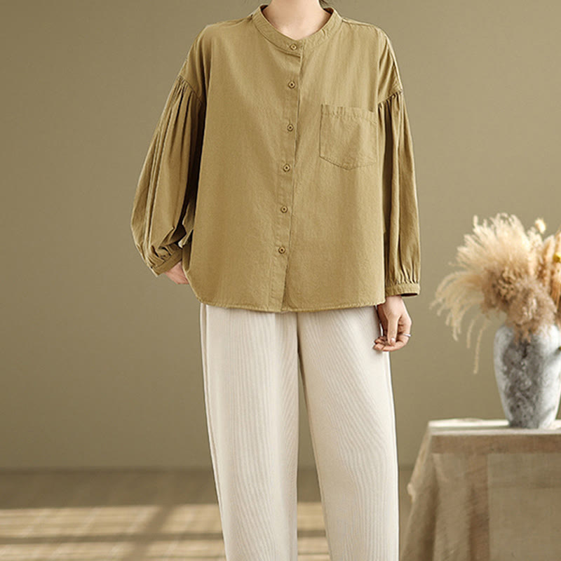 Chemise à manches longues en coton et lin pour femme, motif Buddha Stones, boutons et plis accordéon - image 7