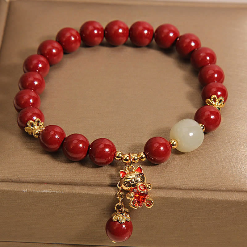 Bracelet de bénédiction en cinabre avec pendentif chat porte-bonheur naturel en Buddha Stones - image 4
