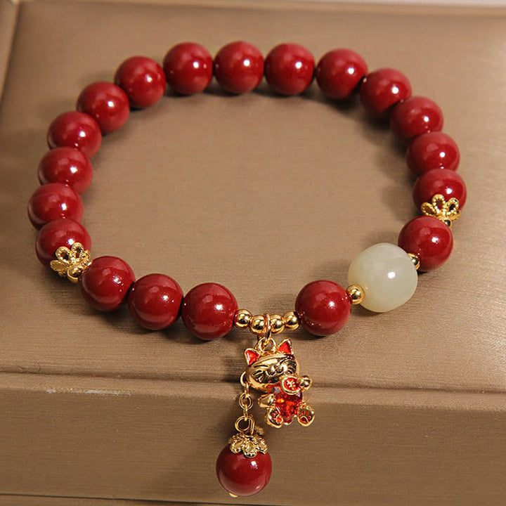 Bracelet de bénédiction en cinabre avec pendentif chat porte-bonheur naturel en Buddha Stones - image 4