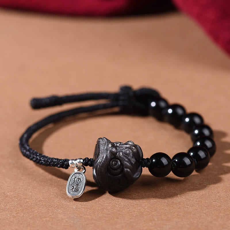 Bracelet de force en obsidienne noire et argent brillant avec Buddha Stones et chat mignon dansant. - Lion dansant (tour de poignet 14-16 cm) - image 7