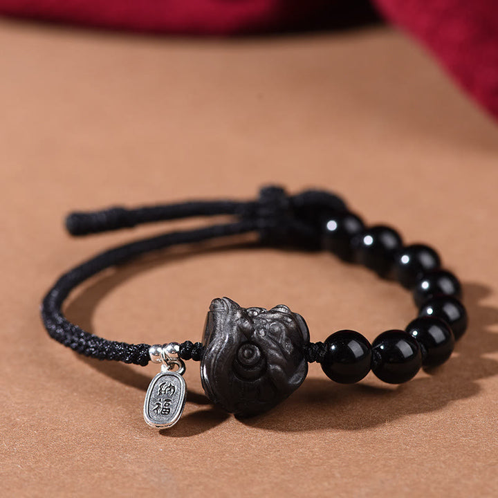 Bracelet de force en obsidienne noire et argent brillant avec Buddha Stones et chat mignon dansant. - Lion dansant (tour de poignet 14-16 cm) - image 7