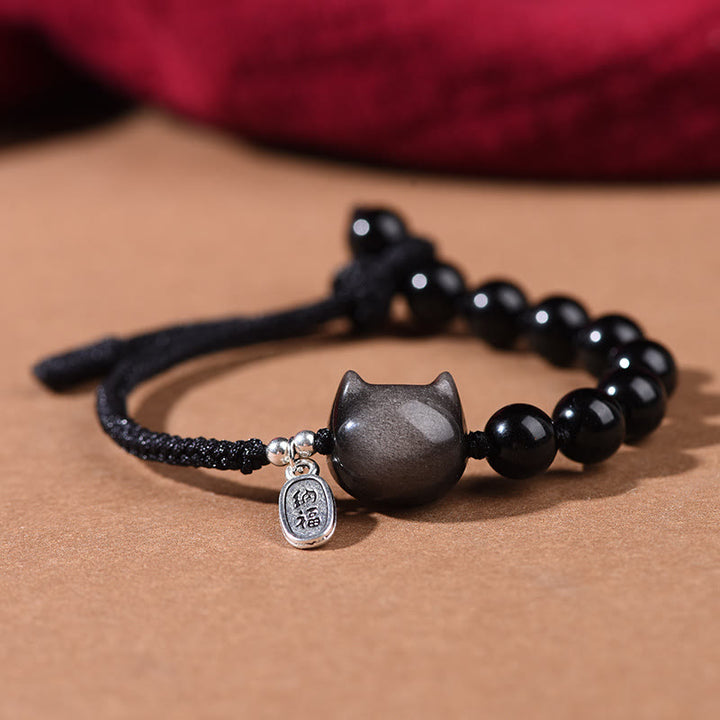 Bracelet de force en obsidienne noire et argent brillant avec Buddha Stones et chat mignon dansant. - Chat (tour de poignet 14-16 cm) - image 1
