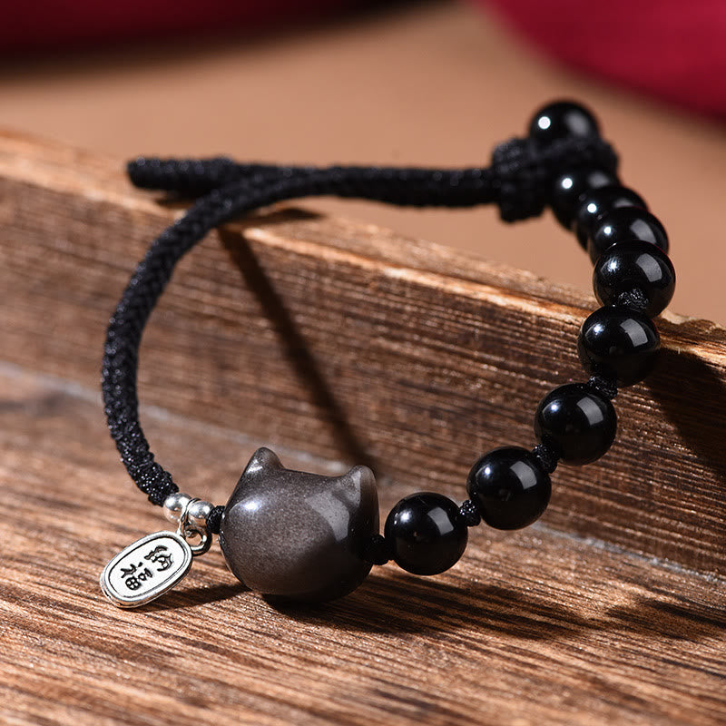 Bracelet de force en obsidienne noire et argent brillant avec Buddha Stones et chat mignon dansant. - image 2
