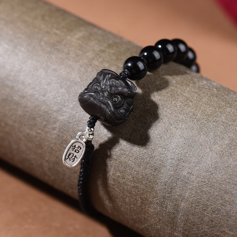 Bracelet de force en obsidienne noire et argent brillant avec Buddha Stones et chat mignon dansant. - image 8