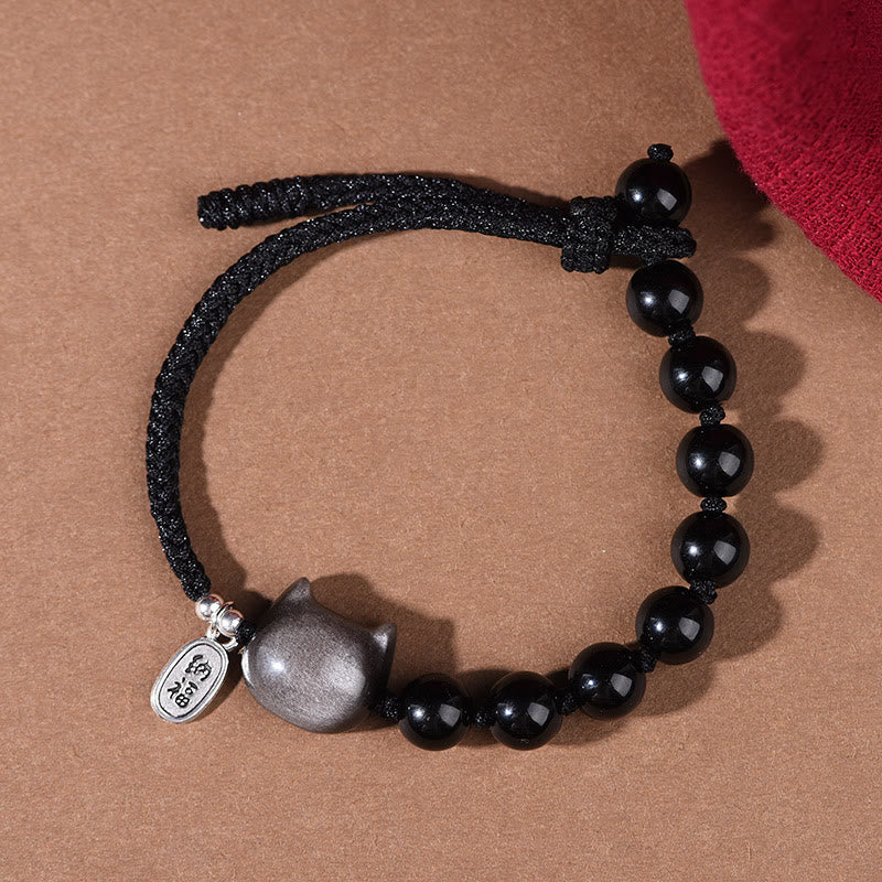 Bracelet de force en obsidienne noire et argent brillant avec Buddha Stones et chat mignon dansant. - image 3