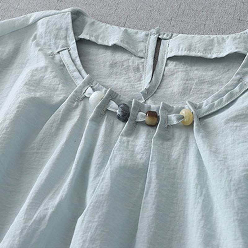 Chemise à manches courtes et col ras du cou pour femme, en coton, avec perles et Buddha Stones - image 3