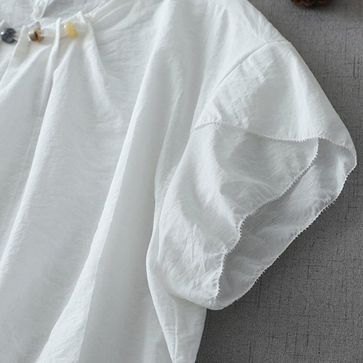 Chemise à manches courtes et col ras du cou pour femme, en coton, avec perles et Buddha Stones - image 11