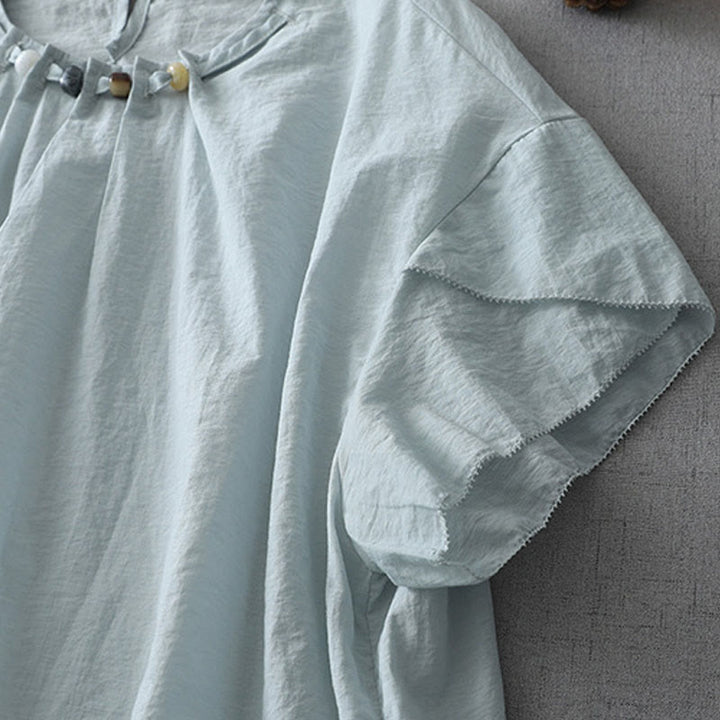 Chemise à manches courtes et col ras du cou pour femme, en coton, avec perles et Buddha Stones - image 4