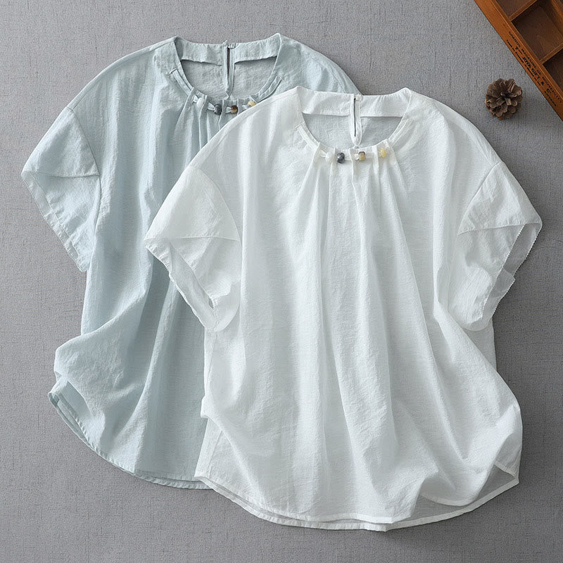 Chemise à manches courtes et col ras du cou pour femme, en coton, avec perles et Buddha Stones - image 2