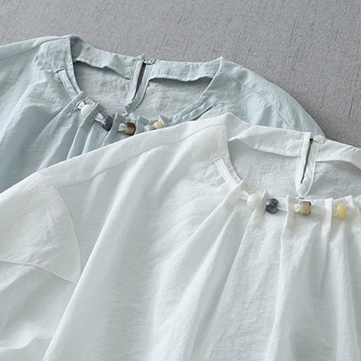 Chemise à manches courtes et col ras du cou pour femme, en coton, avec perles et Buddha Stones - image 15