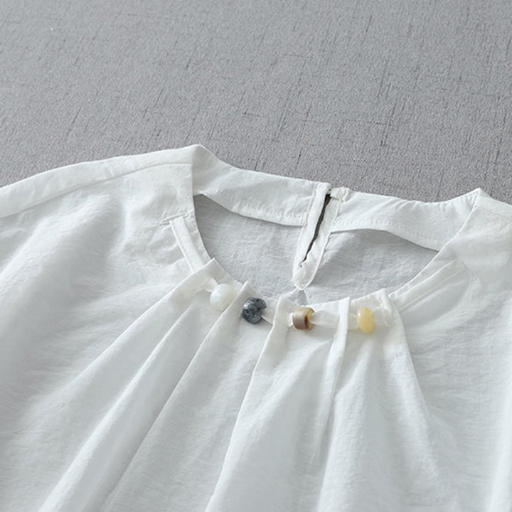 Chemise à manches courtes et col ras du cou pour femme, en coton, avec perles et Buddha Stones - image 8
