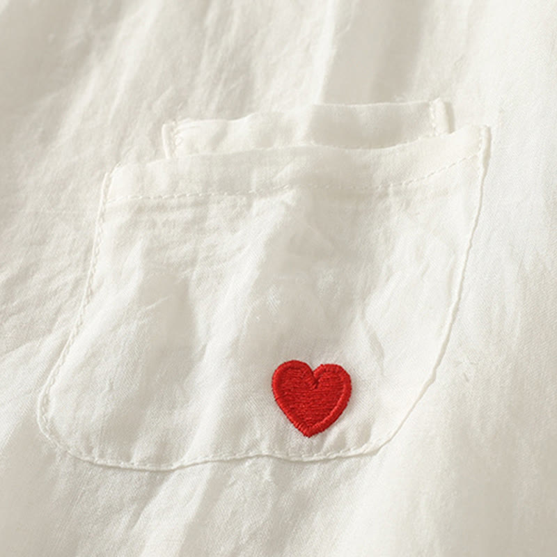 T-shirt décontracté en coton et lin à manches courtes pour femme avec broderie cœur rouge et Buddha Stones - image 7