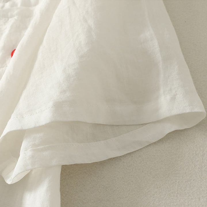 T-shirt décontracté en coton et lin à manches courtes pour femme avec broderie cœur rouge et Buddha Stones - image 9