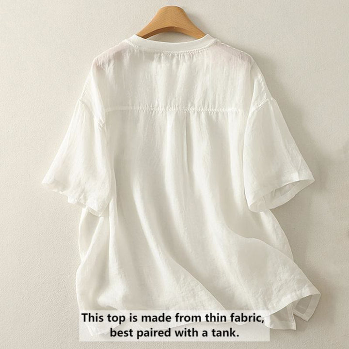 T-shirt décontracté en coton et lin à manches courtes pour femme avec broderie cœur rouge et Buddha Stones - image 5