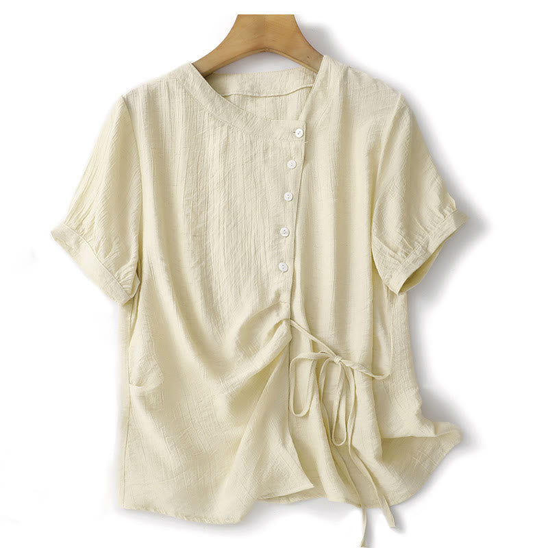 Chemise asymétrique à lacets et manches courtes bouffantes en coton pour femme Buddha Stones - Verge d'or claireJaune - US8-10,UK/AU12-14,EU40-42 (2XL) - image 8